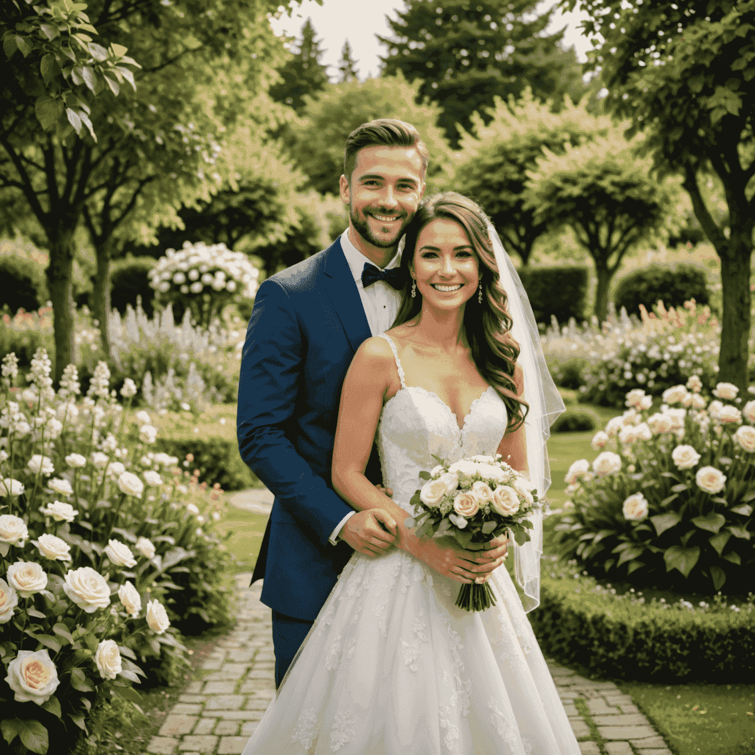 Szczęśliwa para młoda pozująca do zdjęcia ślubnego w pięknym ogrodzie, fotograf uchwycił moment ich radosnego uśmiechu