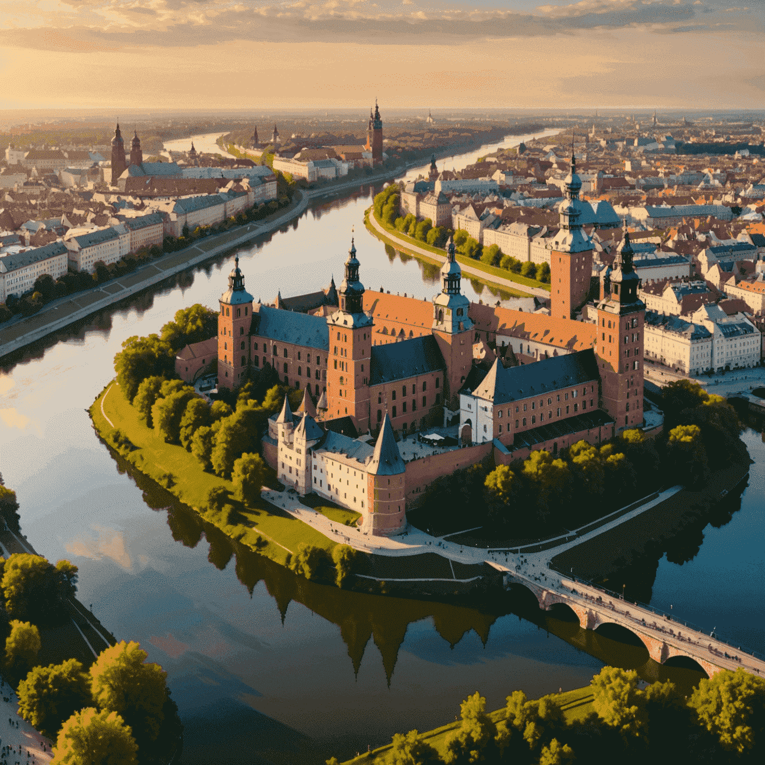 Panorama Krakowa z lotu ptaka, ukazująca Wawel i Wisłę o zachodzie słońca