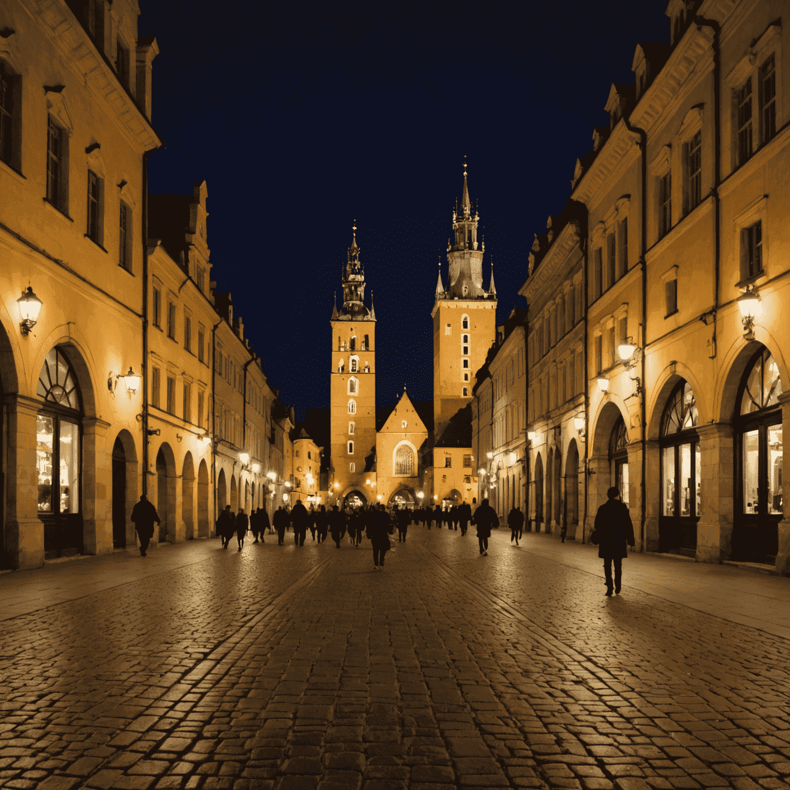 Nocne ujęcie Starego Miasta w Krakowie. Koreański fotograf uchwycił magiczną atmosferę oświetlonych uliczek, z Sukiennicami w tle, podkreślając bogactwo polskiej architektury i historii.