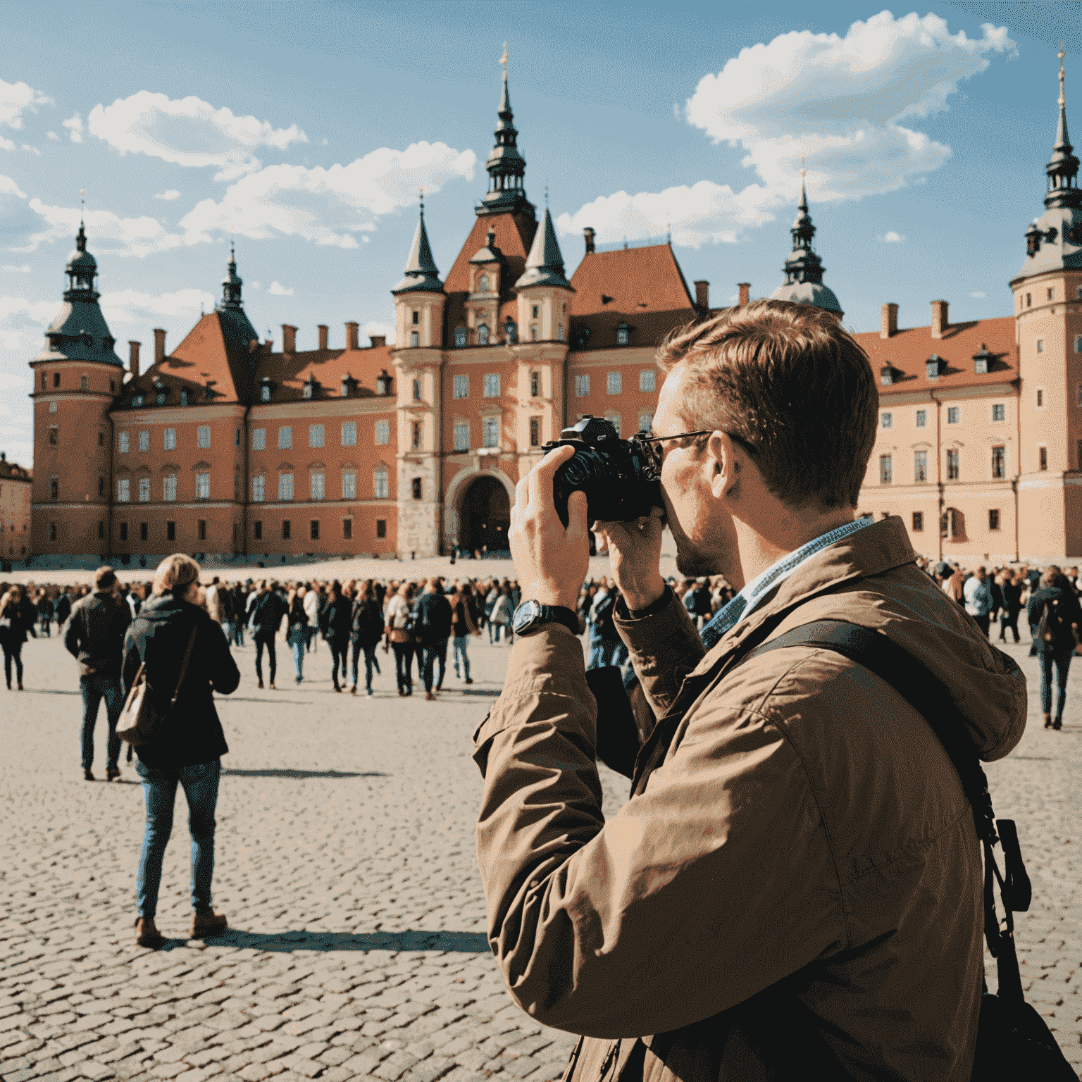 Fotograf robiący zdjęcie turyście na tle Zamku Królewskiego w Warszawie