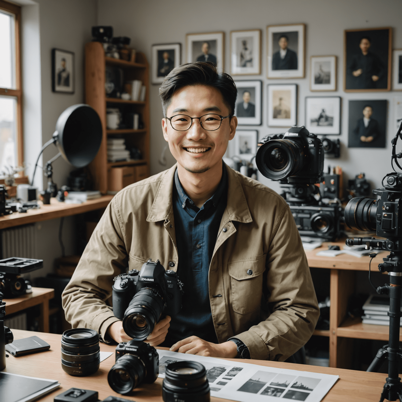 Portret uśmiechniętego koreańskiego fotografa w jego studio w Warszawie, otoczonego profesjonalnym sprzętem fotograficznym i przykładami jego prac